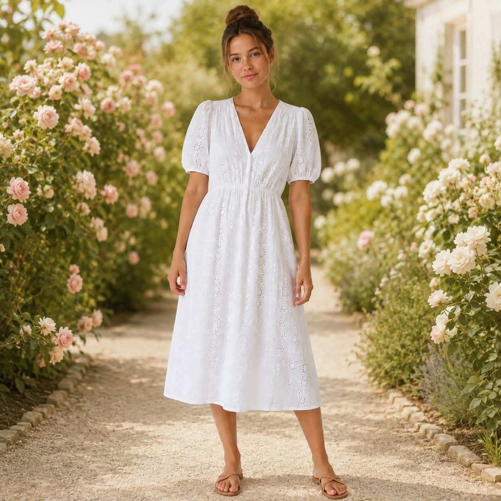 Velvet by Graham & Spencer White Cotton Eyelet Midi Dress V-Neck Puff Sleeve S